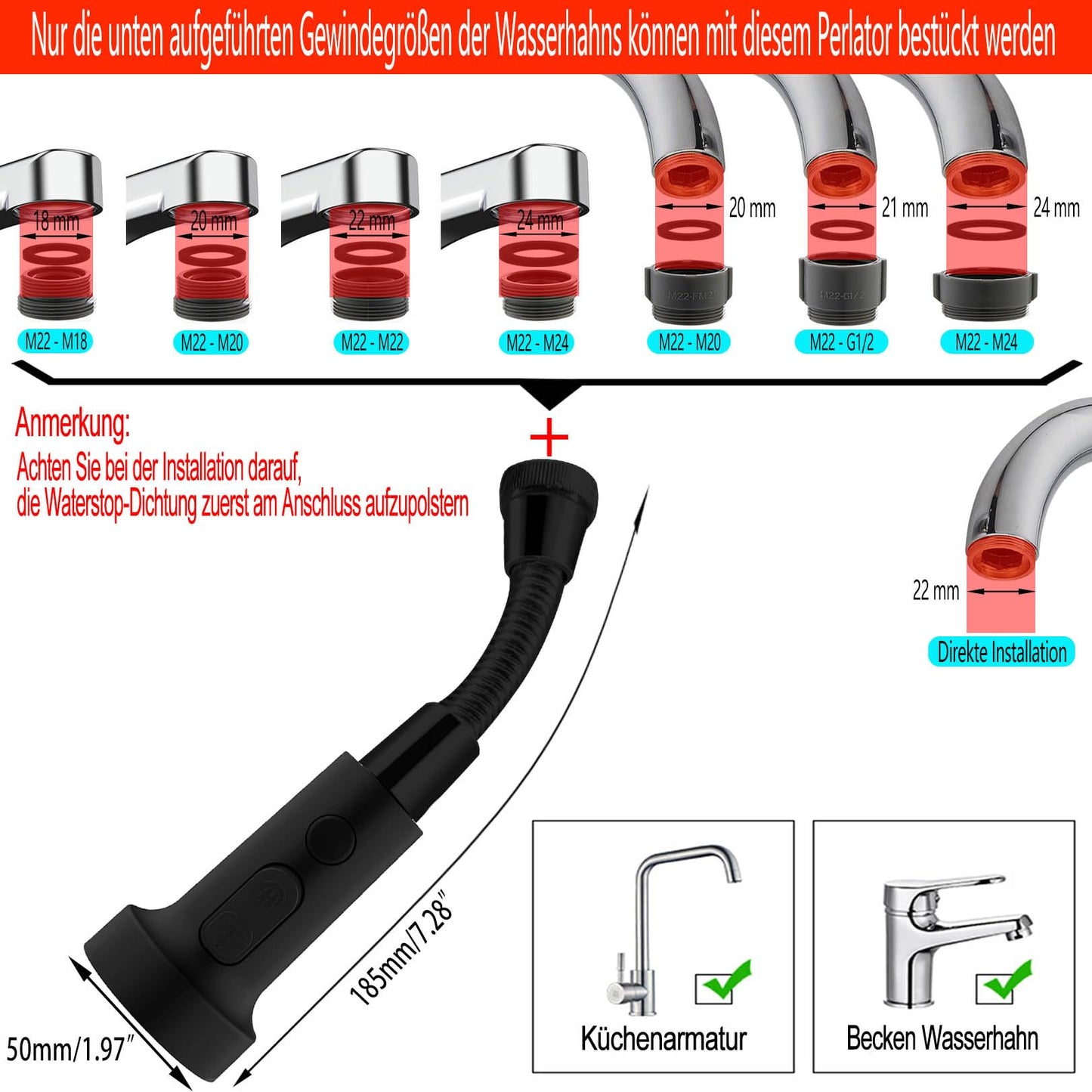 Detalji crnogrotirajućeg nastavka slavine s adapterom - prikaz na koje vrste slavina odgovara