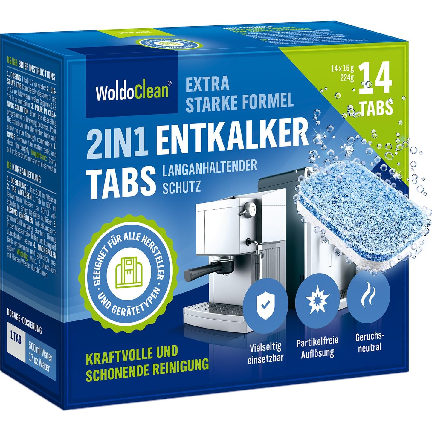 2-u-1 tablete za odstranjivanje kamenca - za Siemens, Jura, DeLonghi, Krups aparate za kavu - 14 komada - pakiranje