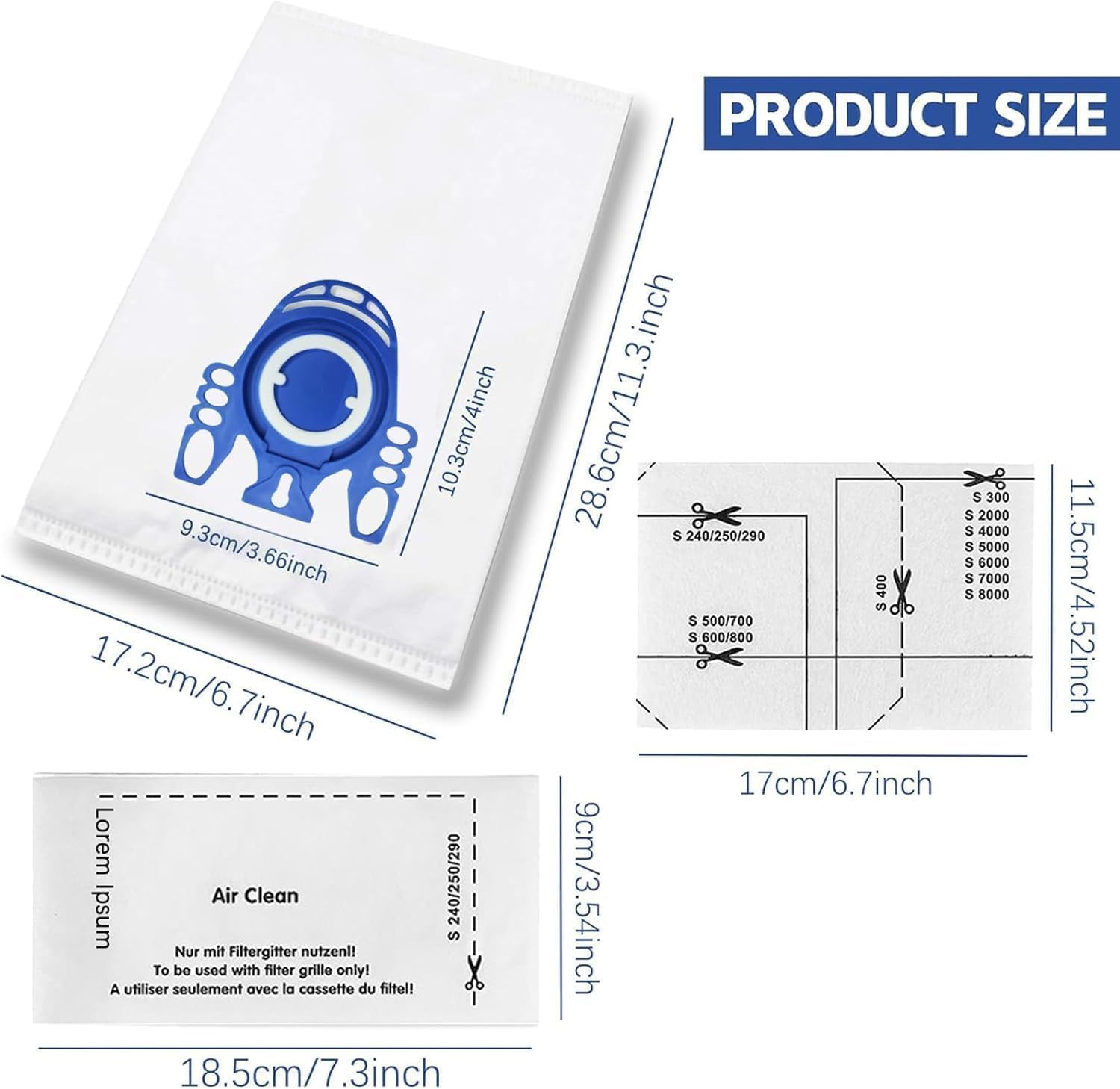 Dimenzije Celberena vrećice i filtera za usisavače kompatibilne s Miele uređajima