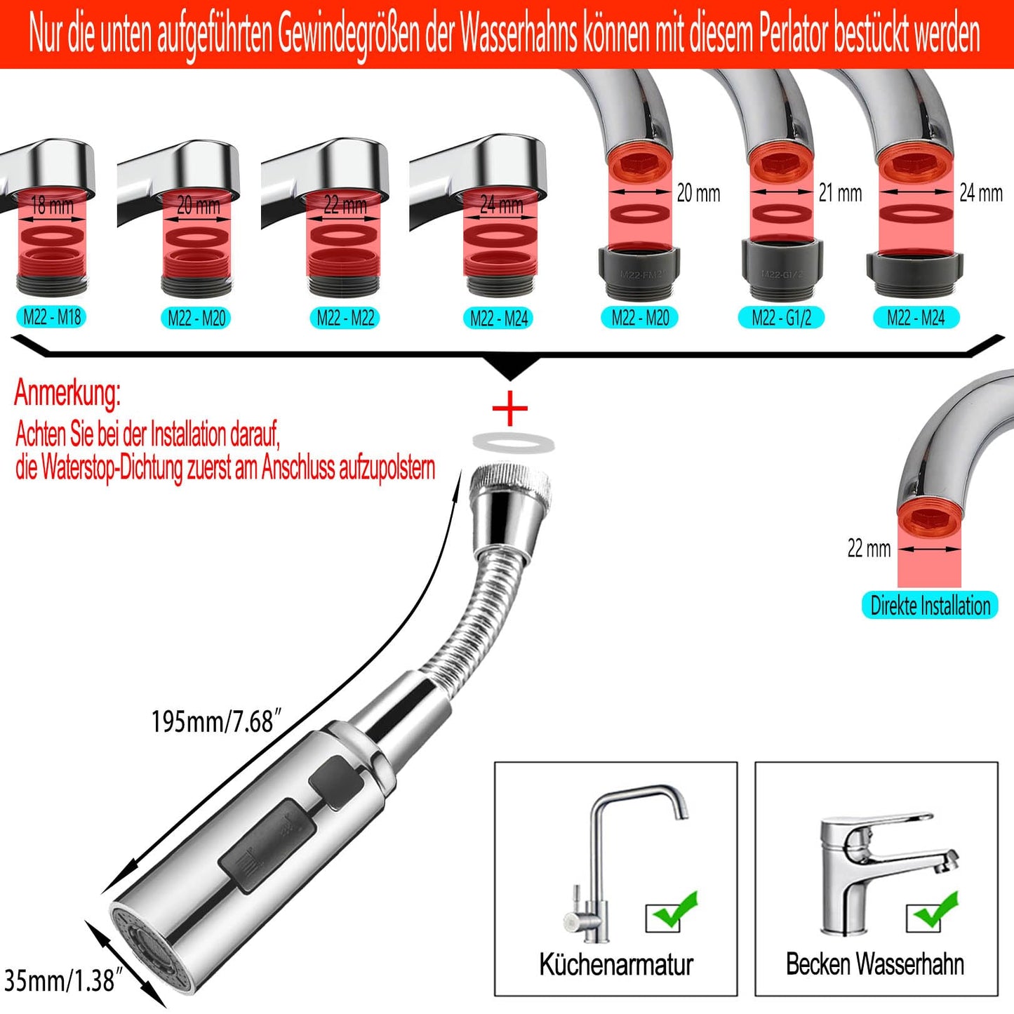 Detalji kromiranog rotirajućeg nastavka slavine s adapterom - prikaz na koje vrste slavina odgovara