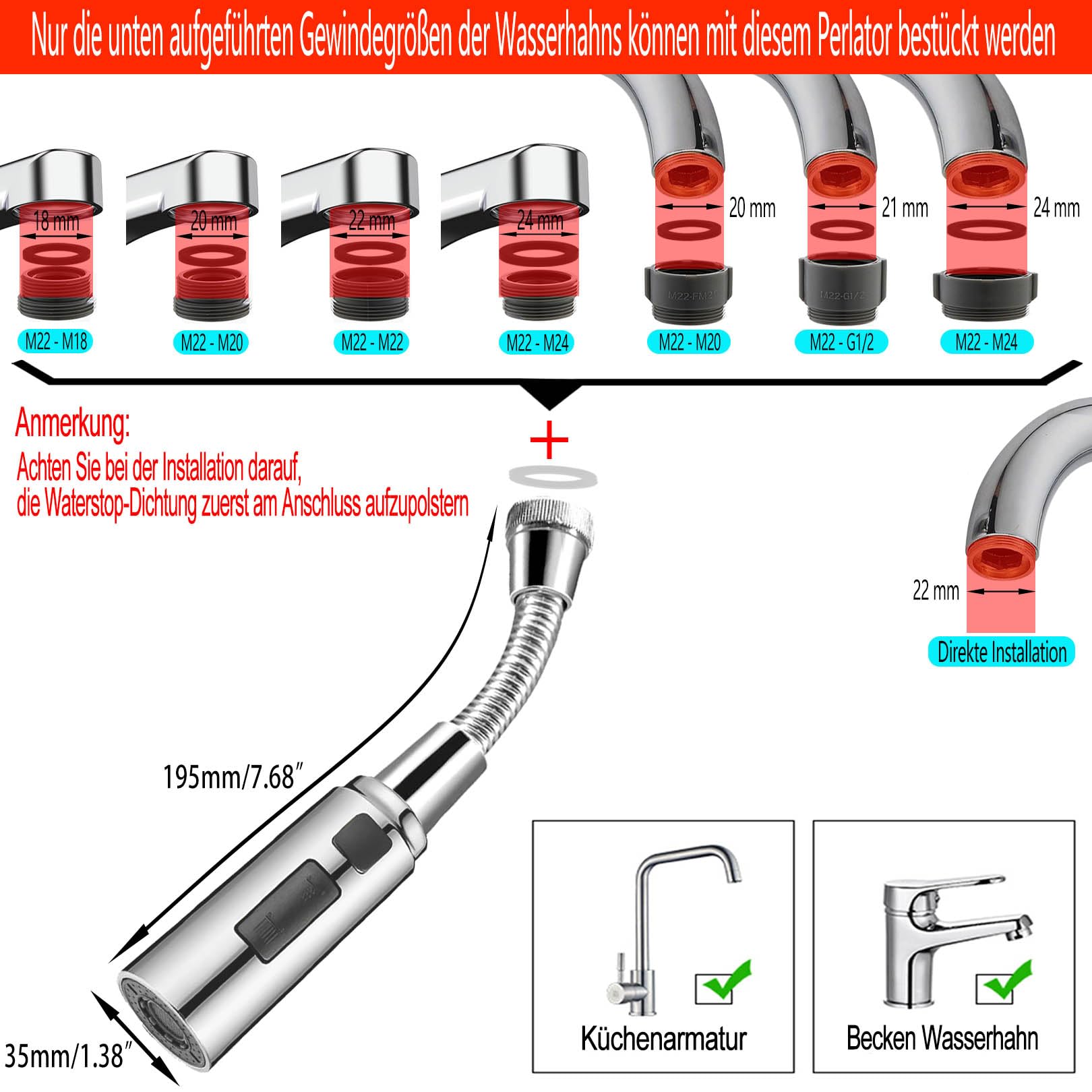 Detalji kromiranog rotirajućeg nastavka slavine s adapterom - prikaz na koje vrste slavina odgovara