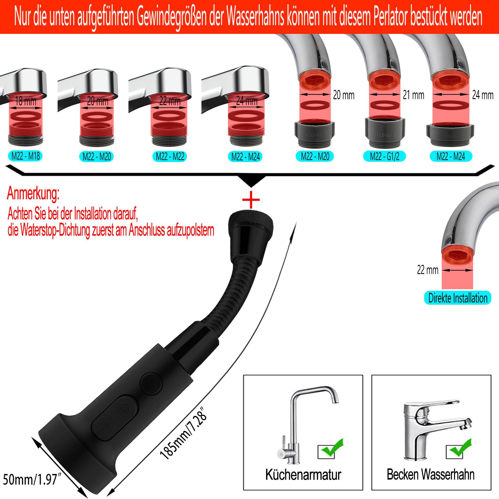Detalji crnogrotirajućeg nastavka slavine s adapterom - prikaz na koje vrste slavina odgovara