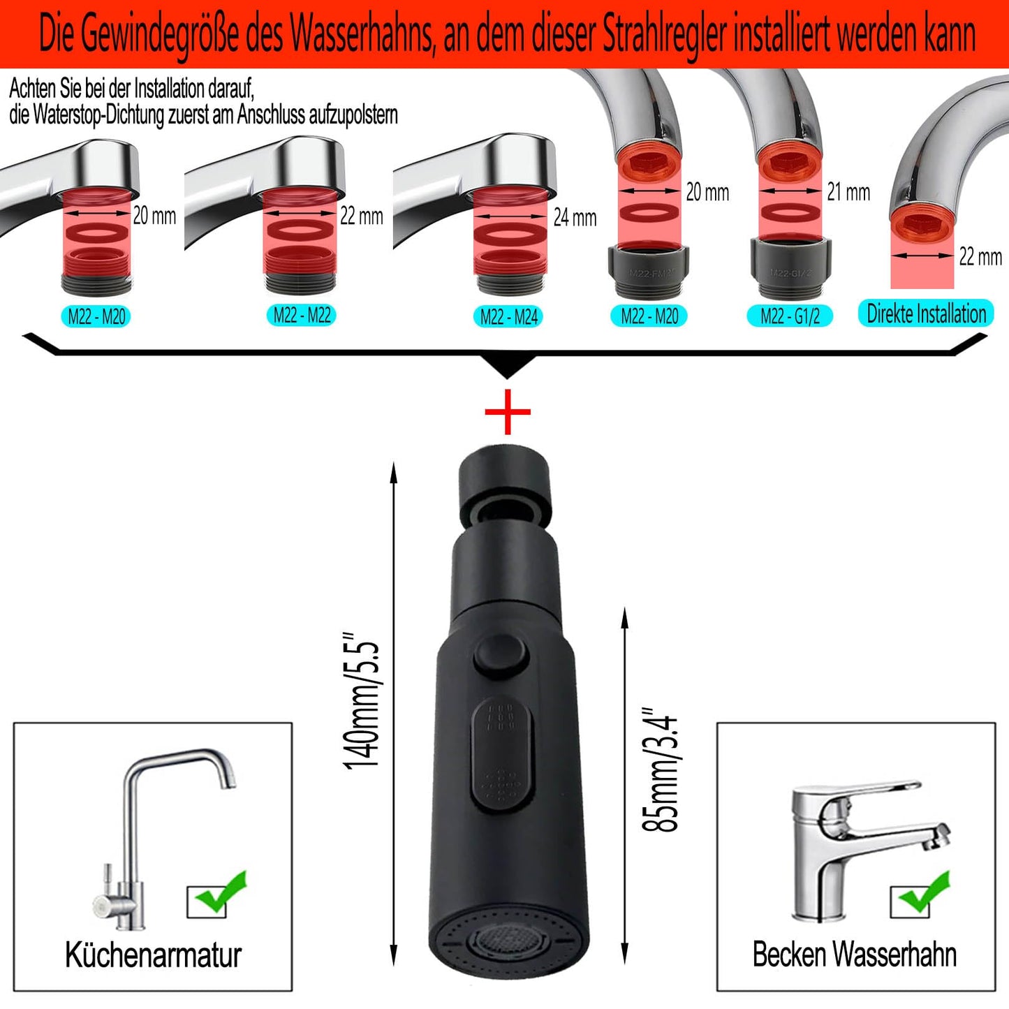 Detalj crnog rotirajućeg nastavka slavine s adapterom