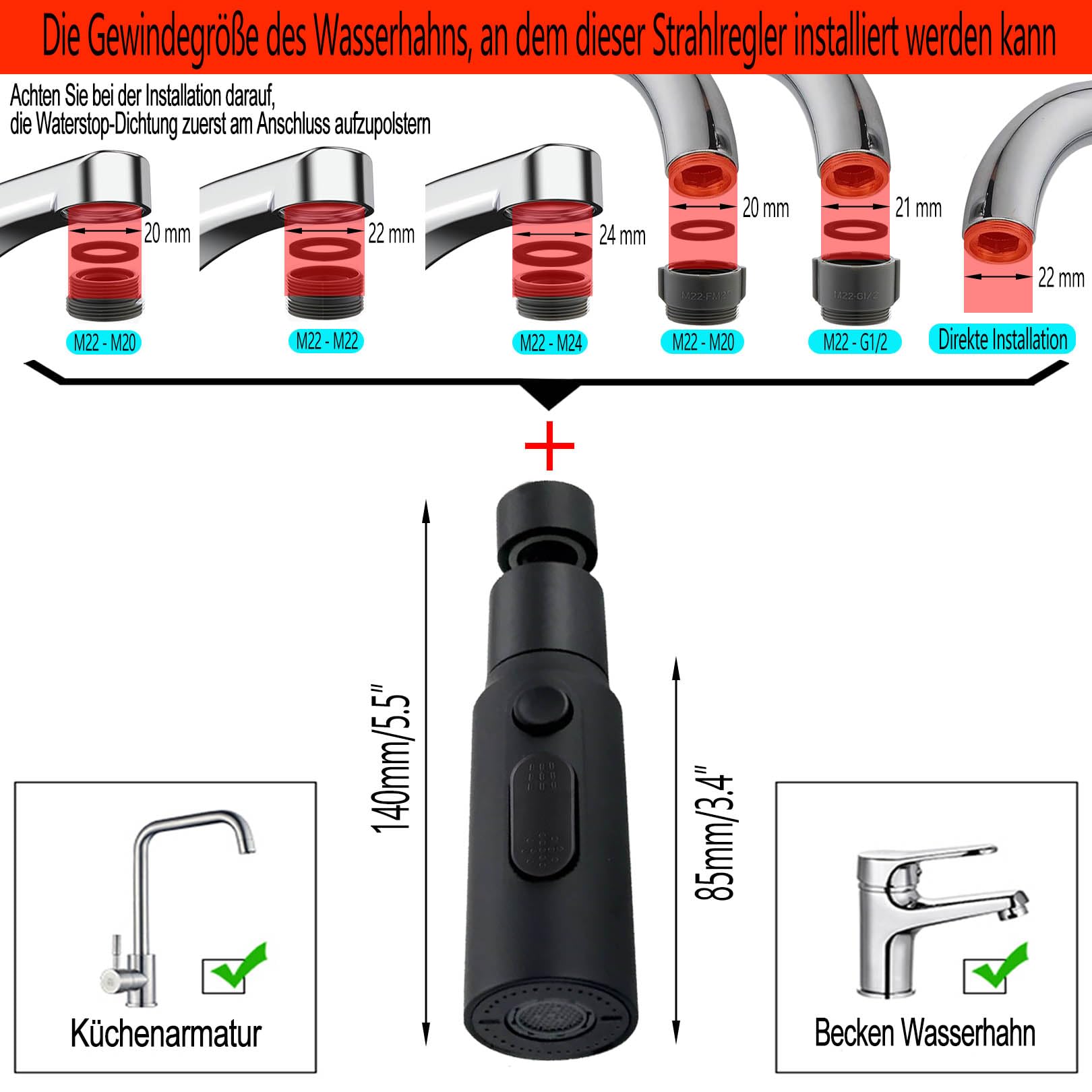Detalj crnog rotirajućeg nastavka slavine s adapterom