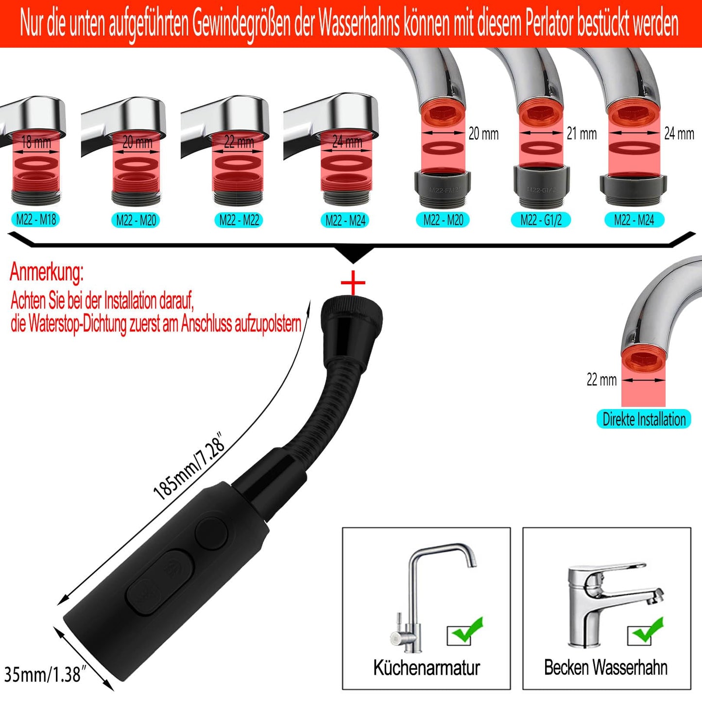 Detalj crnog rotirajućeg nastavka slavine s adapterom - prikaz na koje sve vrste slavina odgovara