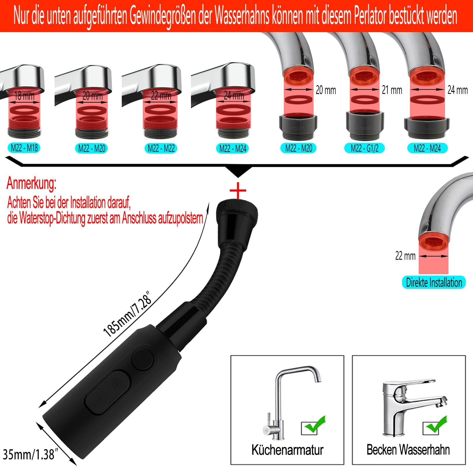 Detalj crnog rotirajućeg nastavka slavine s adapterom - prikaz na koje sve vrste slavina odgovara