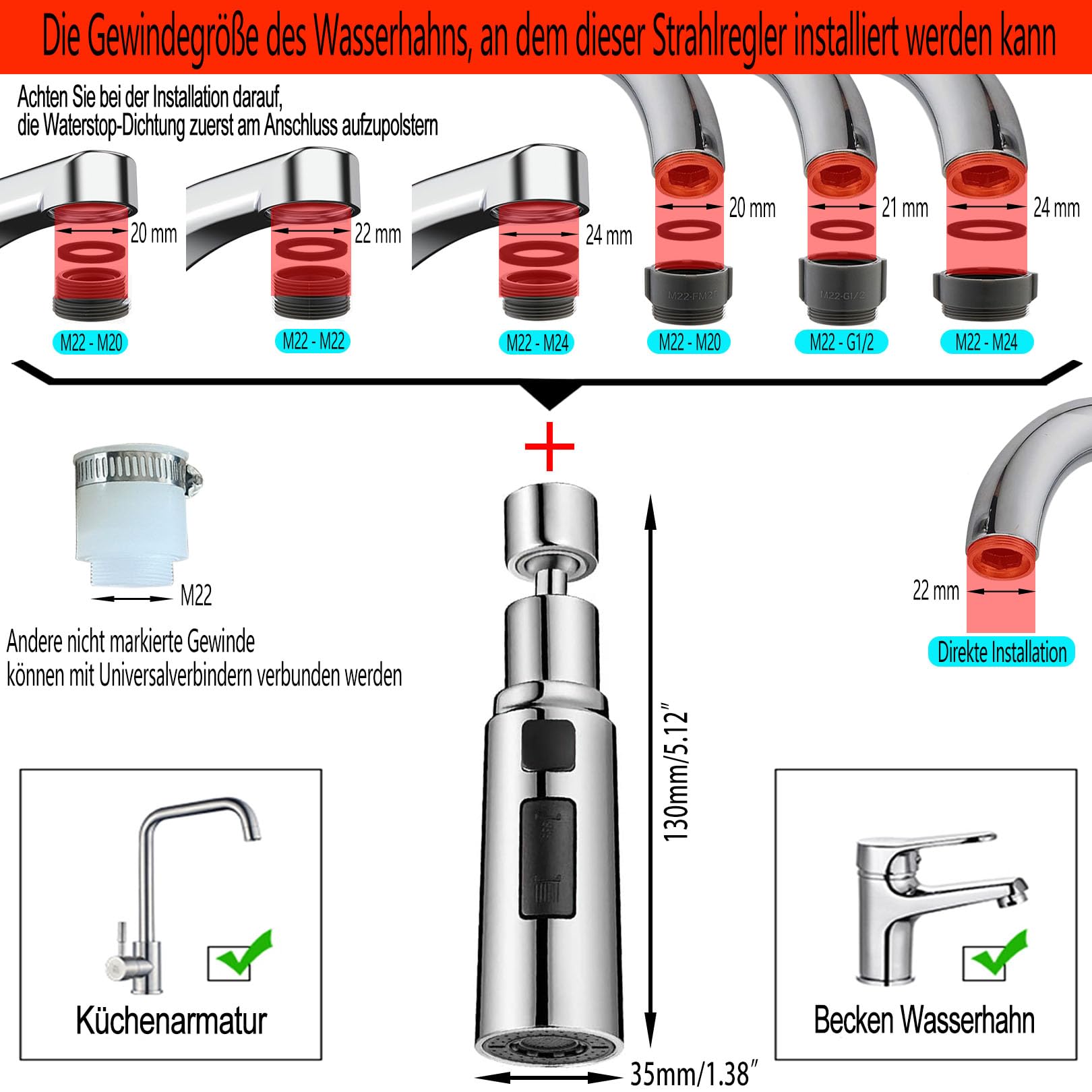 Adapter za slavinu za nastavak s rotirajućim ispuštanjem, kromirani model - detaljnji prikaz