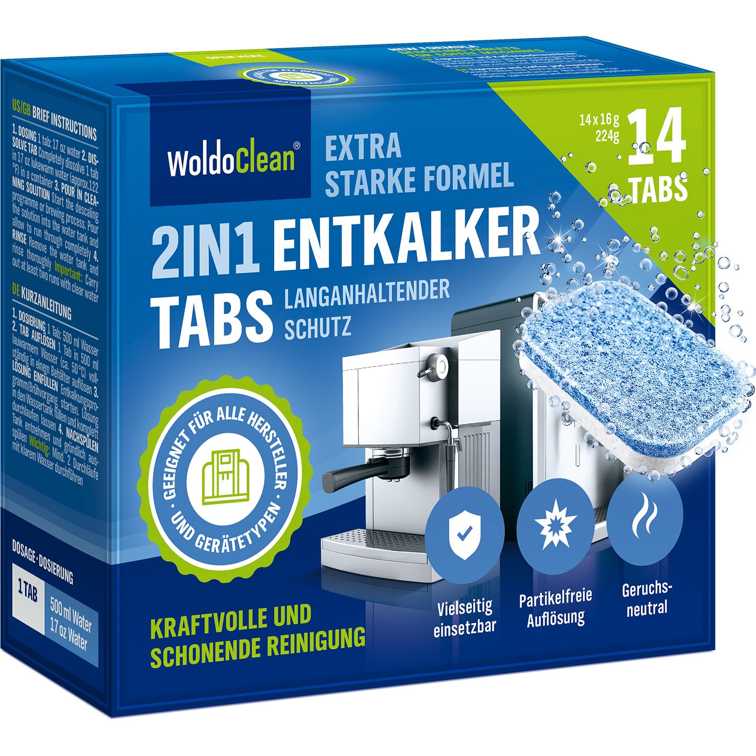 2-u-1 tablete za odstranjivanje kamenca - za Siemens, Jura, DeLonghi, Krups aparate za kavu - 14 komada - pakiranje